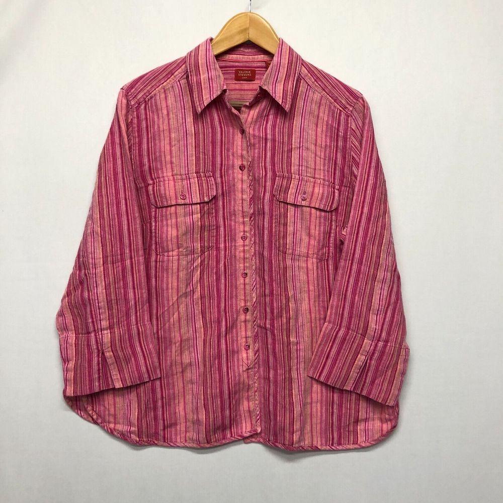 Valerie Stevens Women Button Shirt Top Blouse Size 1X Pink 100% Linen B229 -27